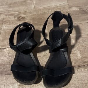 Women’s Black Leather Strappy Wedge Sandals